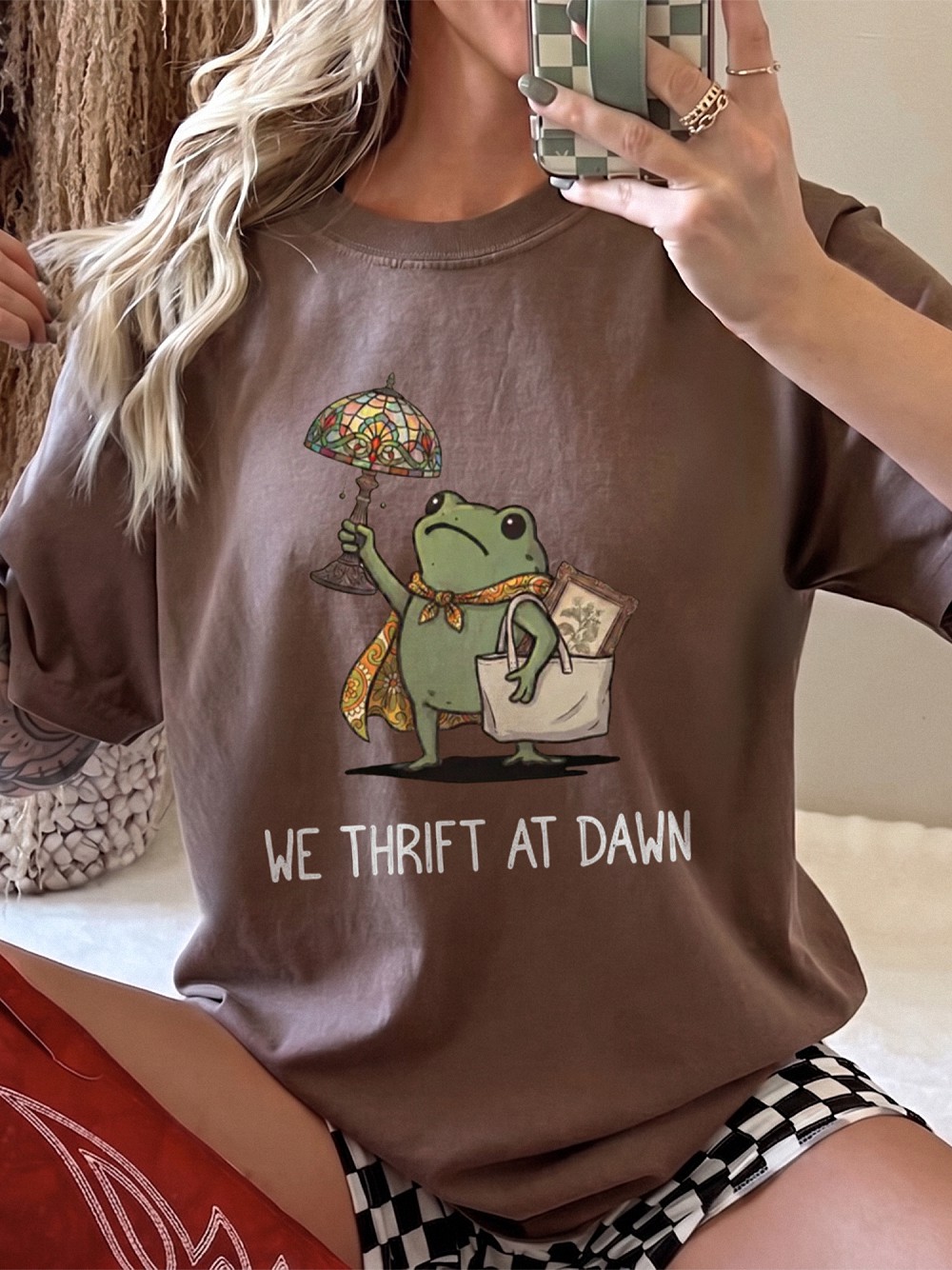 We Thrift At Dawn Cottagecore Frog Thrifting Graphic Tee