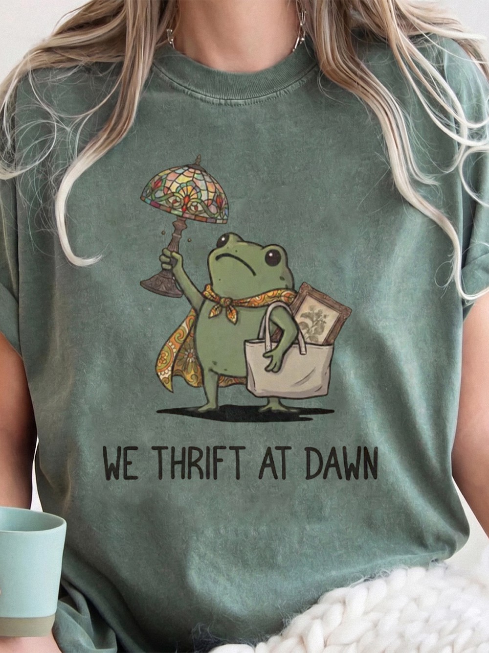 We Thrift At Dawn Cottagecore Frog Thrifting Graphic Tee