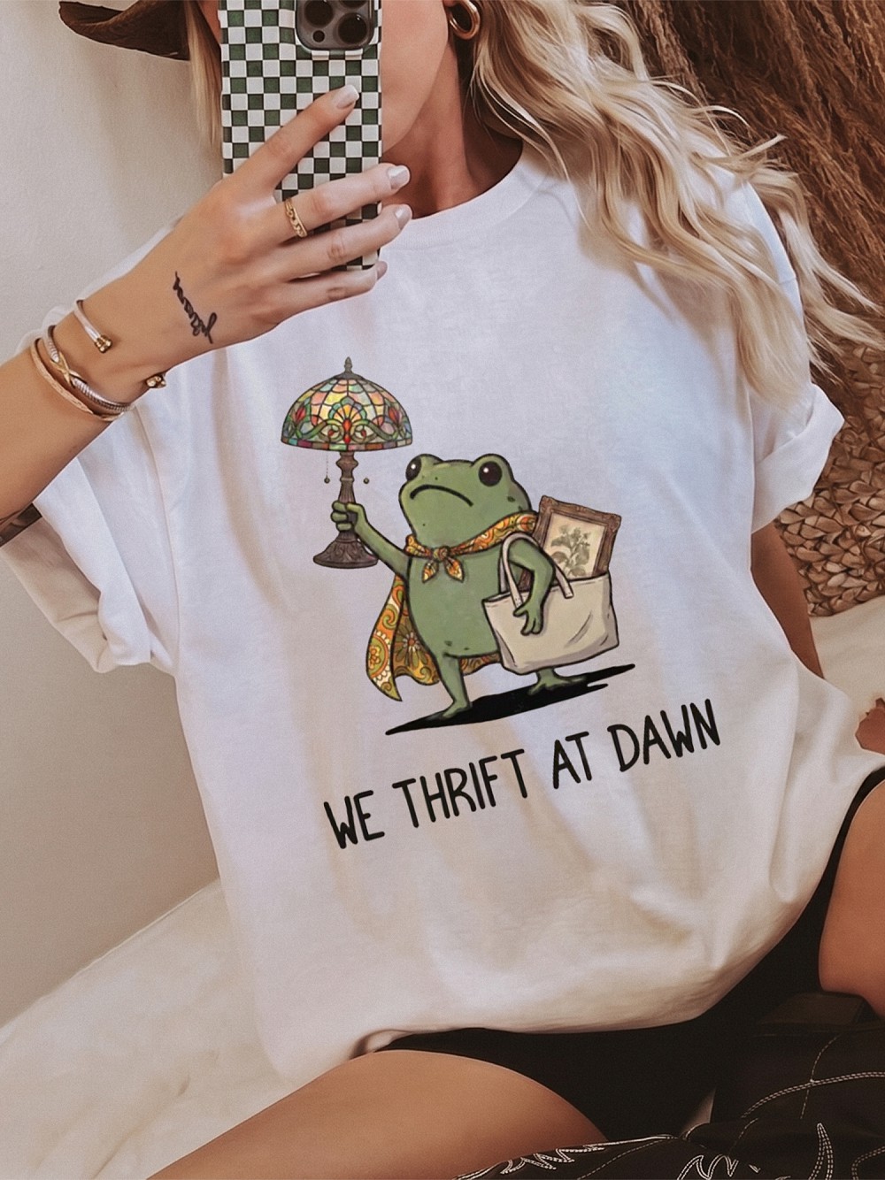 We Thrift At Dawn Cottagecore Frog Thrifting Graphic Tee