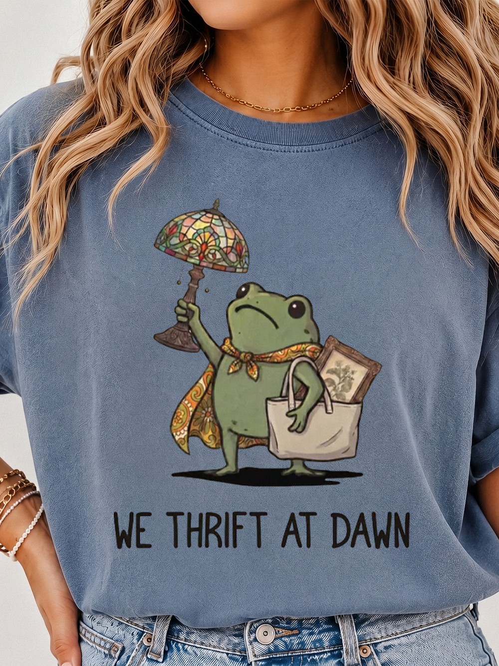We Thrift At Dawn Cottagecore Frog Thrifting Graphic Tee