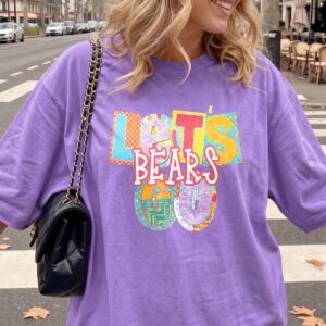 Let's Bears Go Retro Patchwork Graphic Tee - Oversized Purple Shirt