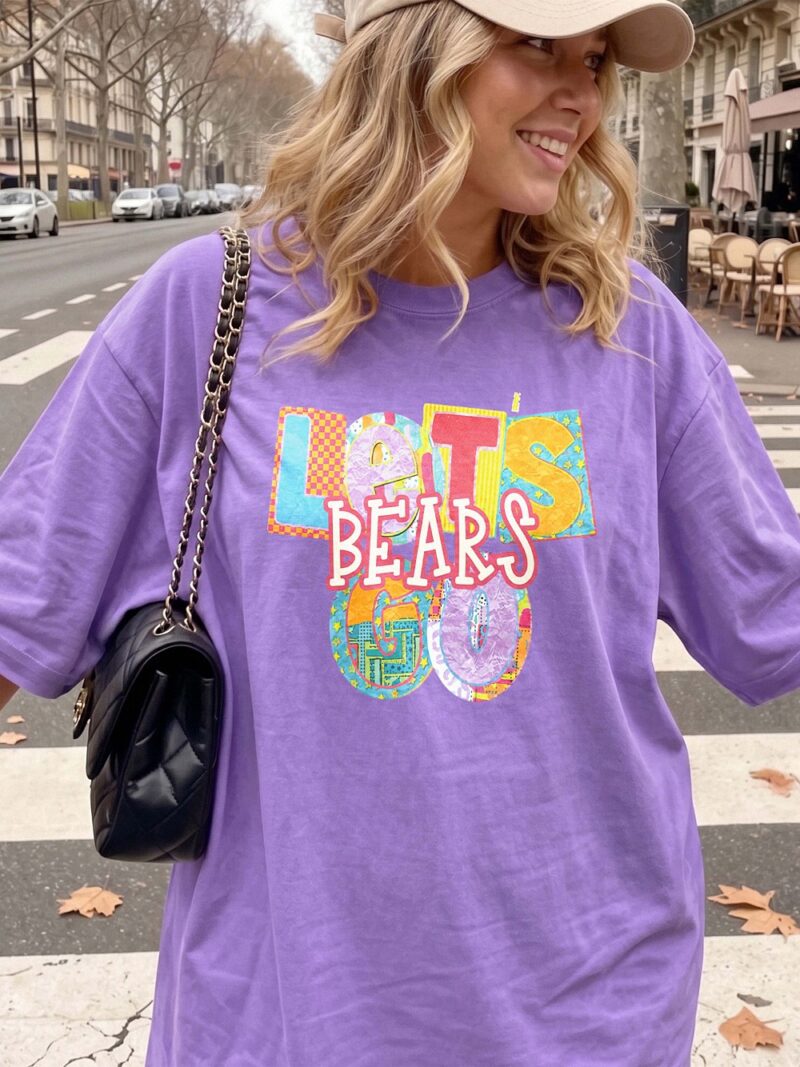 Let's Bears Go Retro Patchwork Graphic Tee - Oversized Purple Shirt