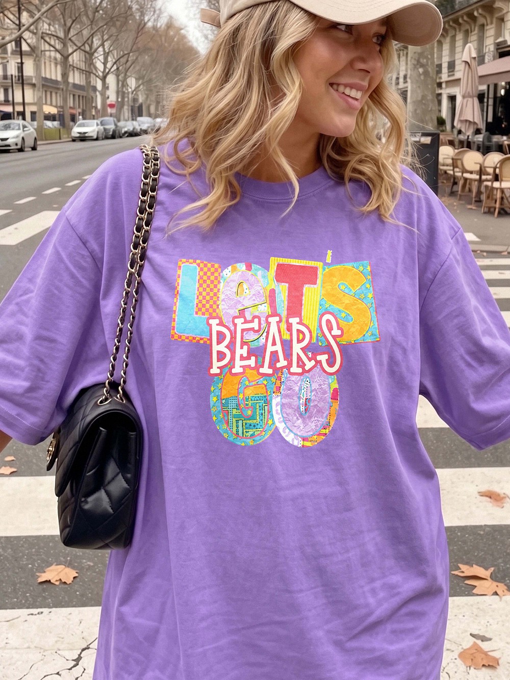 Let's Bears Go Retro Patchwork Graphic Tee - Oversized Purple Shirt