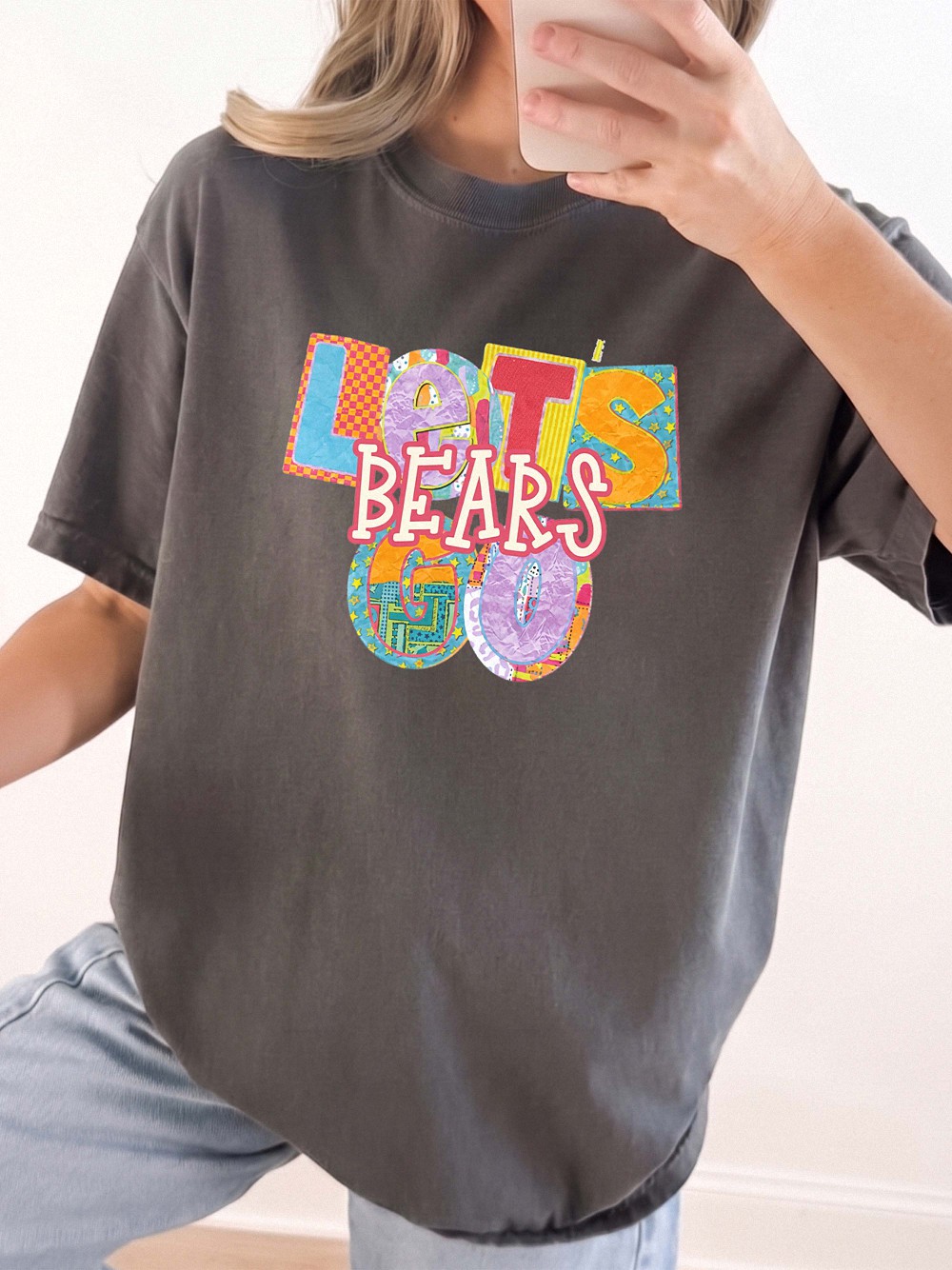 Let's Bears Go Retro Patchwork Graphic Tee - Oversized Purple Shirt