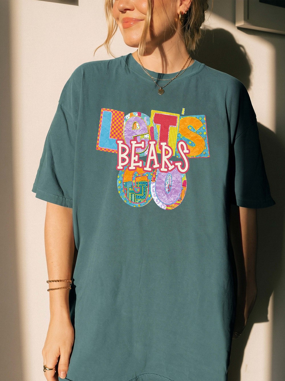 Let's Bears Go Retro Patchwork Graphic Tee - Oversized Purple Shirt