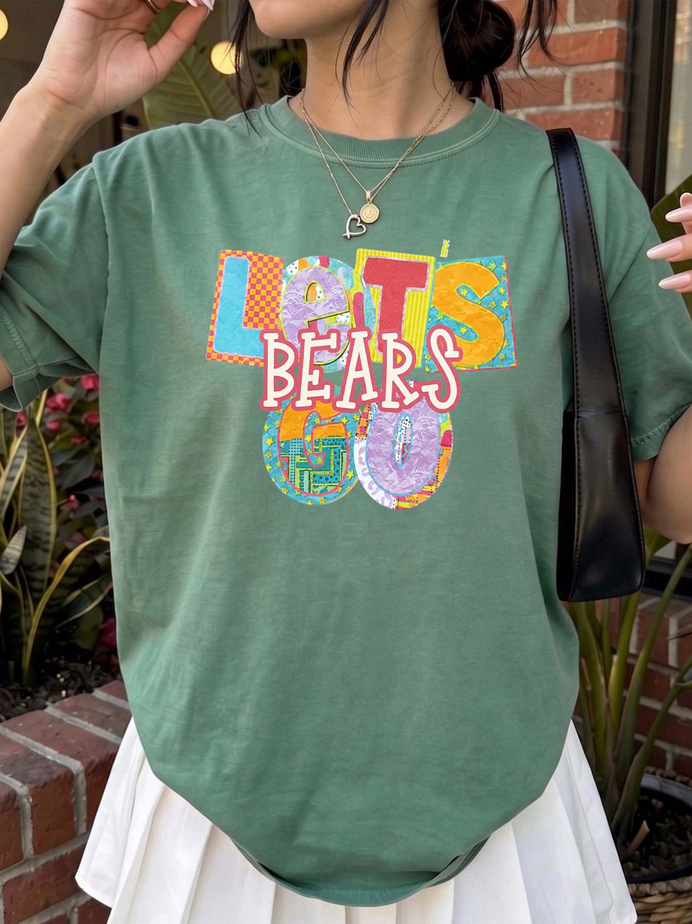 Let's Bears Go Retro Patchwork Graphic Tee - Oversized Purple Shirt