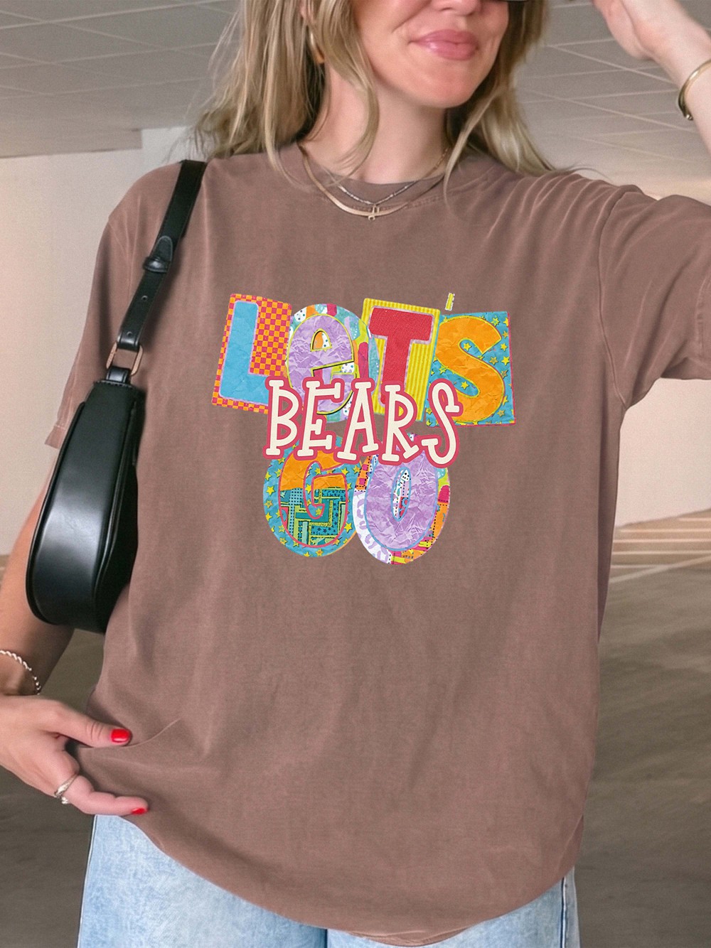 Let's Bears Go Retro Patchwork Graphic Tee - Oversized Purple Shirt