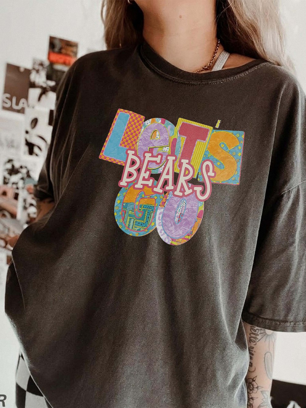 Let's Bears Go Retro Patchwork Graphic Tee - Oversized Purple Shirt