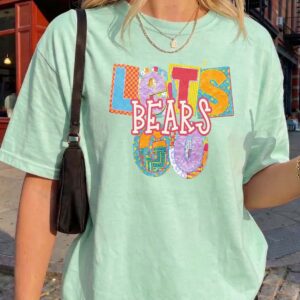 Let's Bears Go Retro Patchwork Graphic Tee - Oversized Purple Shirt