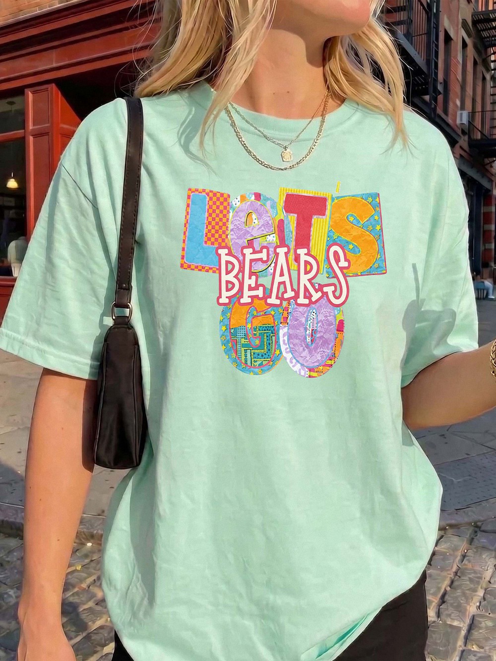 Let's Bears Go Retro Patchwork Graphic Tee - Oversized Purple Shirt