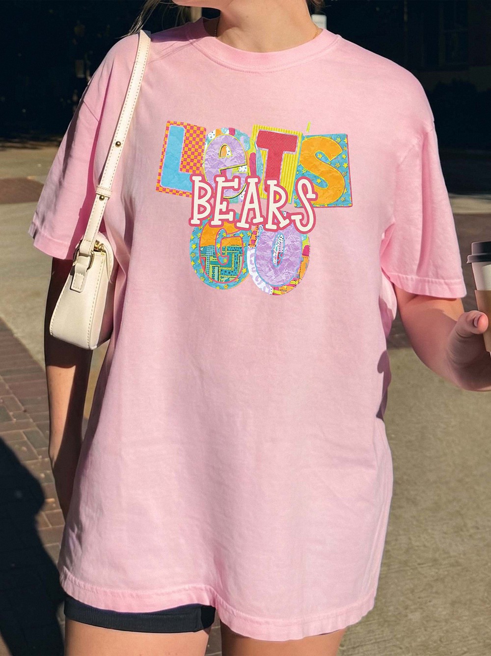 Let's Bears Go Retro Patchwork Graphic Tee - Oversized Purple Shirt