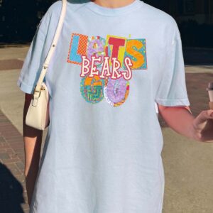 Let's Bears Go Retro Patchwork Graphic Tee - Oversized Purple Shirt