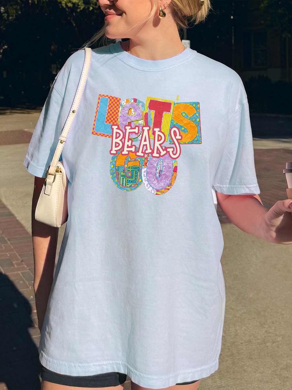 Let's Bears Go Retro Patchwork Graphic Tee - Oversized Purple Shirt
