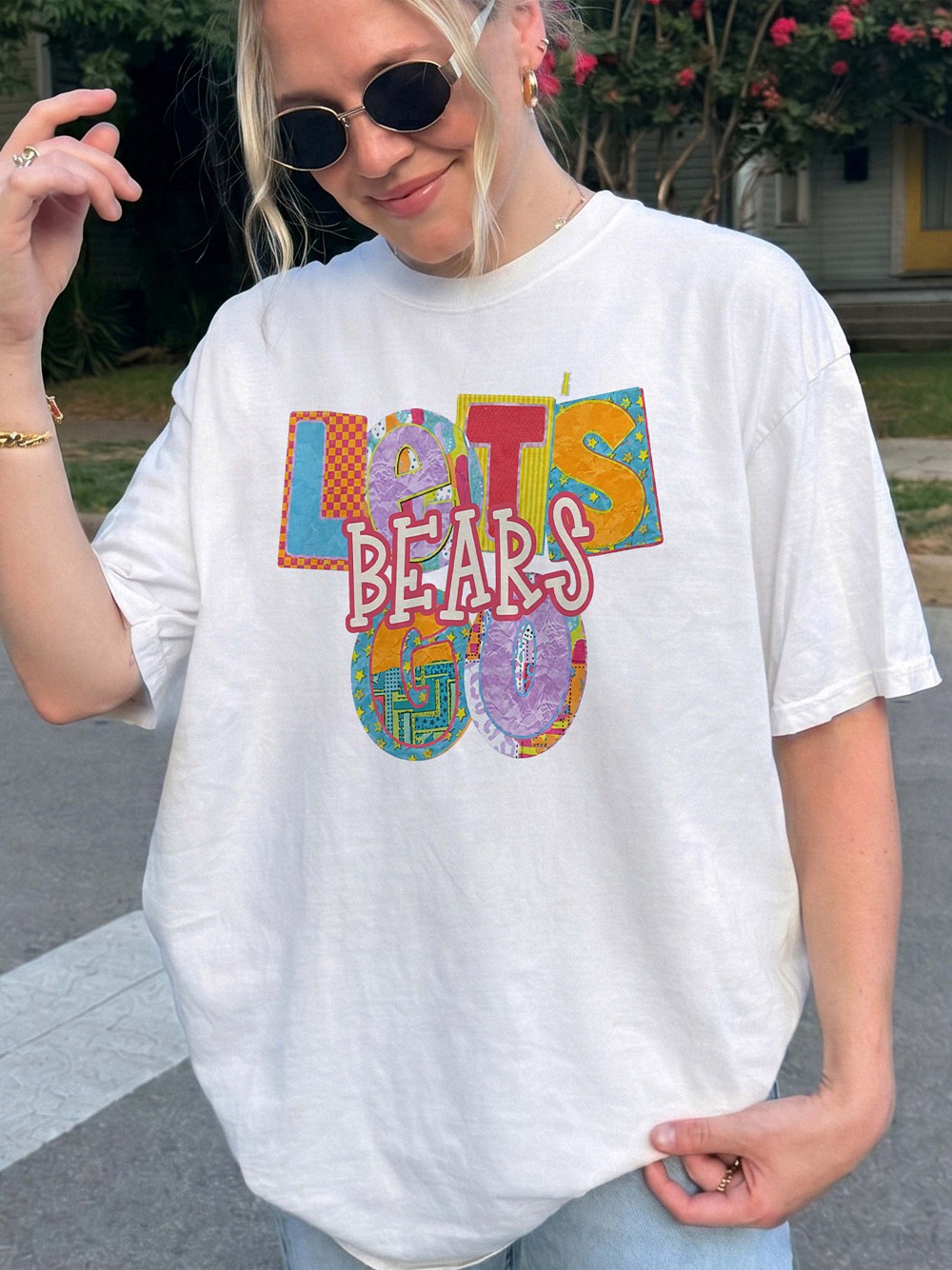 Let's Bears Go Retro Patchwork Graphic Tee - Oversized Purple Shirt