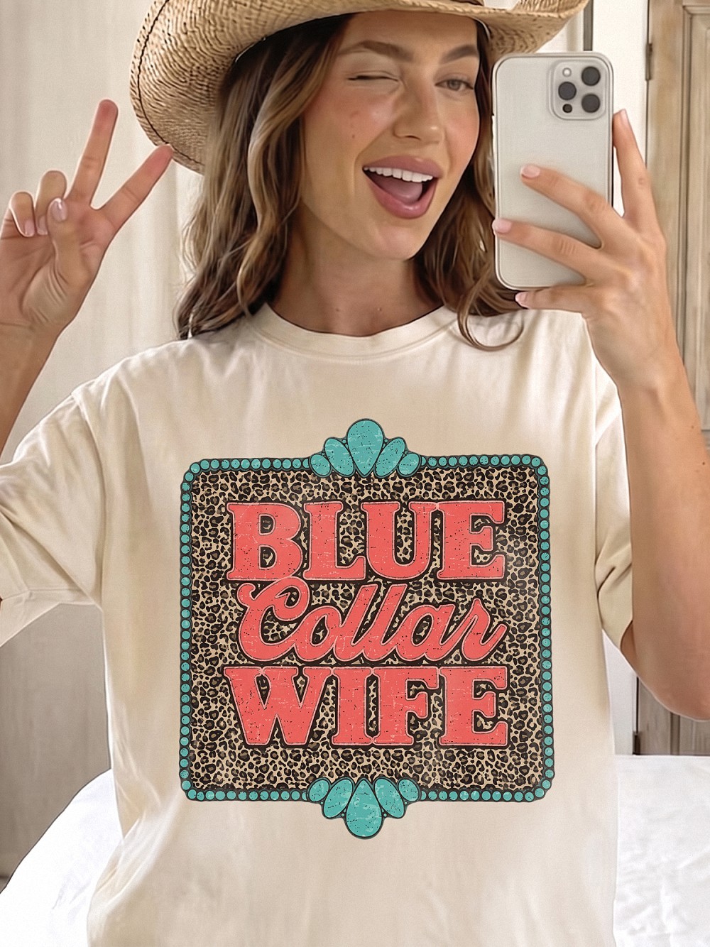 Blue Collar Wife Shirt - Western Leopard Graphic Tee for Women