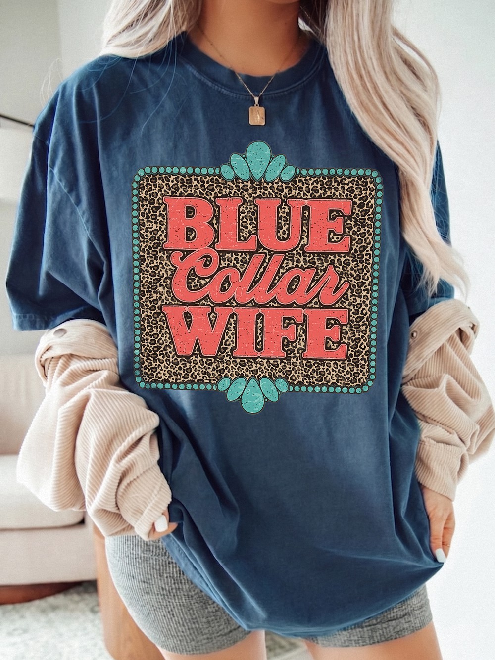 Blue Collar Wife Shirt - Western Leopard Graphic Tee for Women