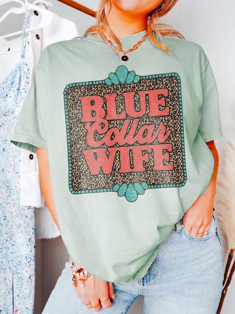 Blue Collar Wife Shirt - Western Leopard Graphic Tee for Women