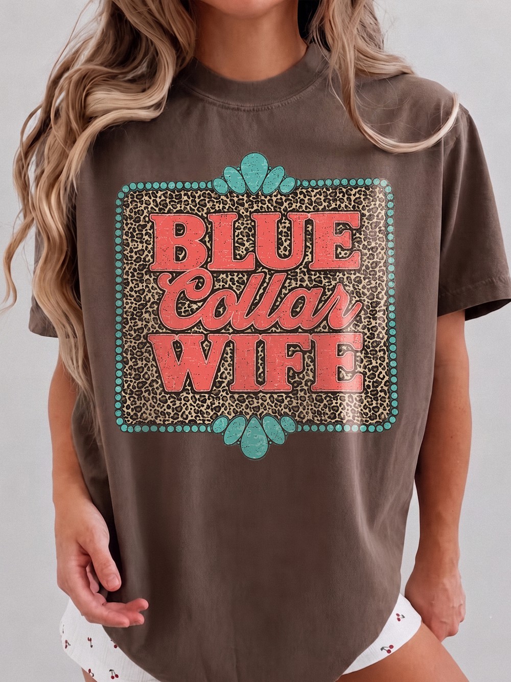 Blue Collar Wife Shirt - Western Leopard Graphic Tee for Women
