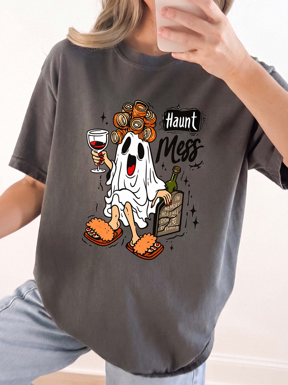 Haunt Mess Ghost Wine Halloween Shirt - Funny Spooky Mom Tee