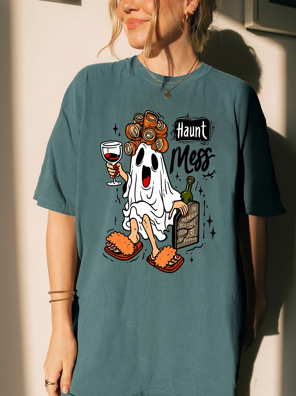 Haunt Mess Ghost Wine Halloween Shirt - Funny Spooky Mom Tee