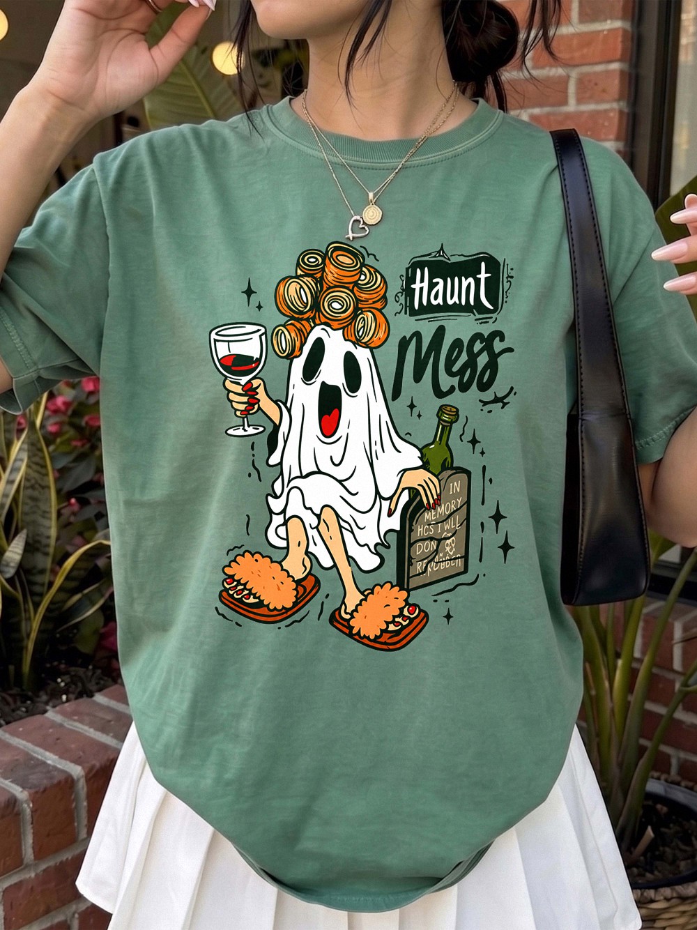 Haunt Mess Ghost Wine Halloween Shirt - Funny Spooky Mom Tee