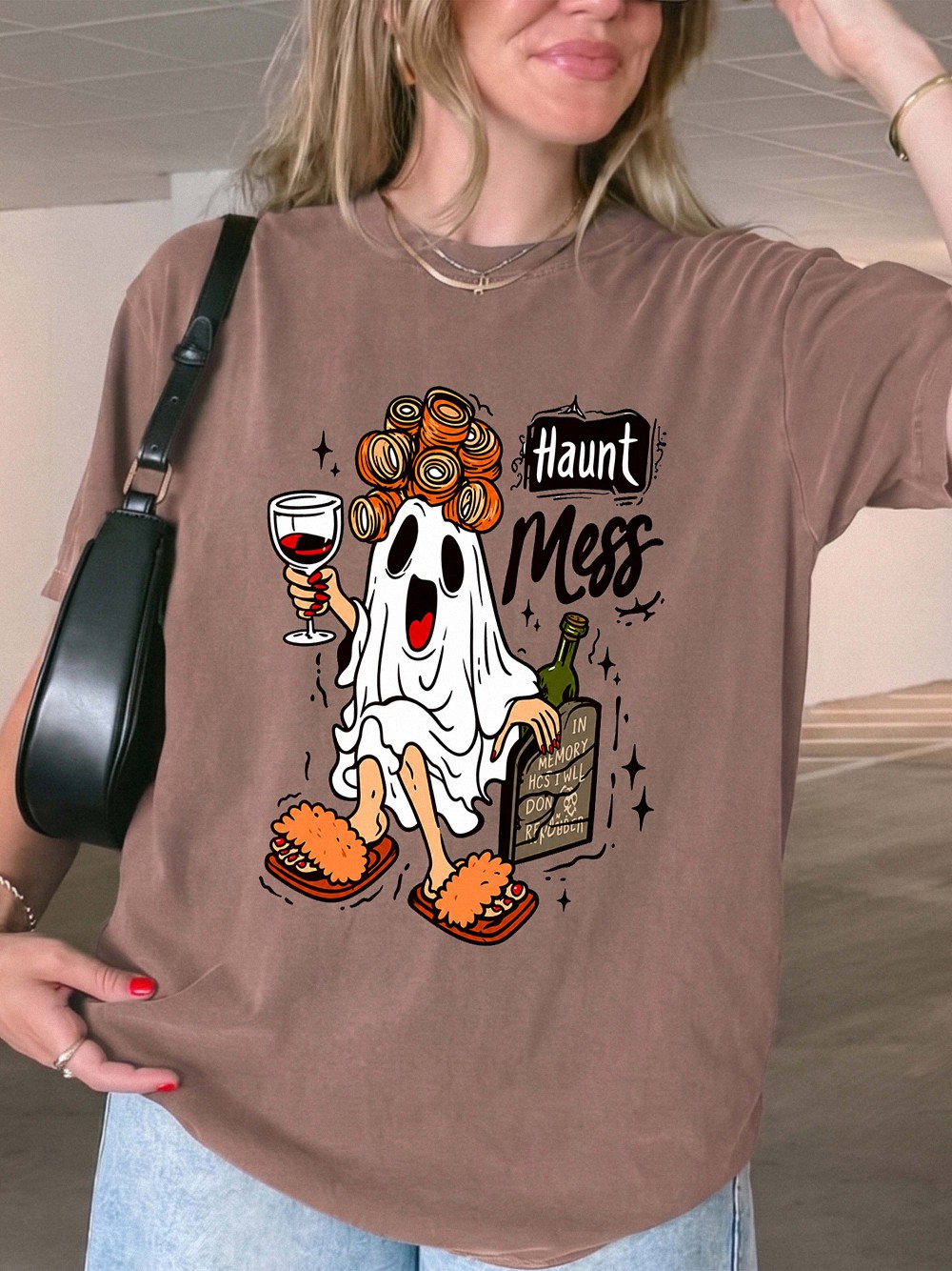 Haunt Mess Ghost Wine Halloween Shirt - Funny Spooky Mom Tee