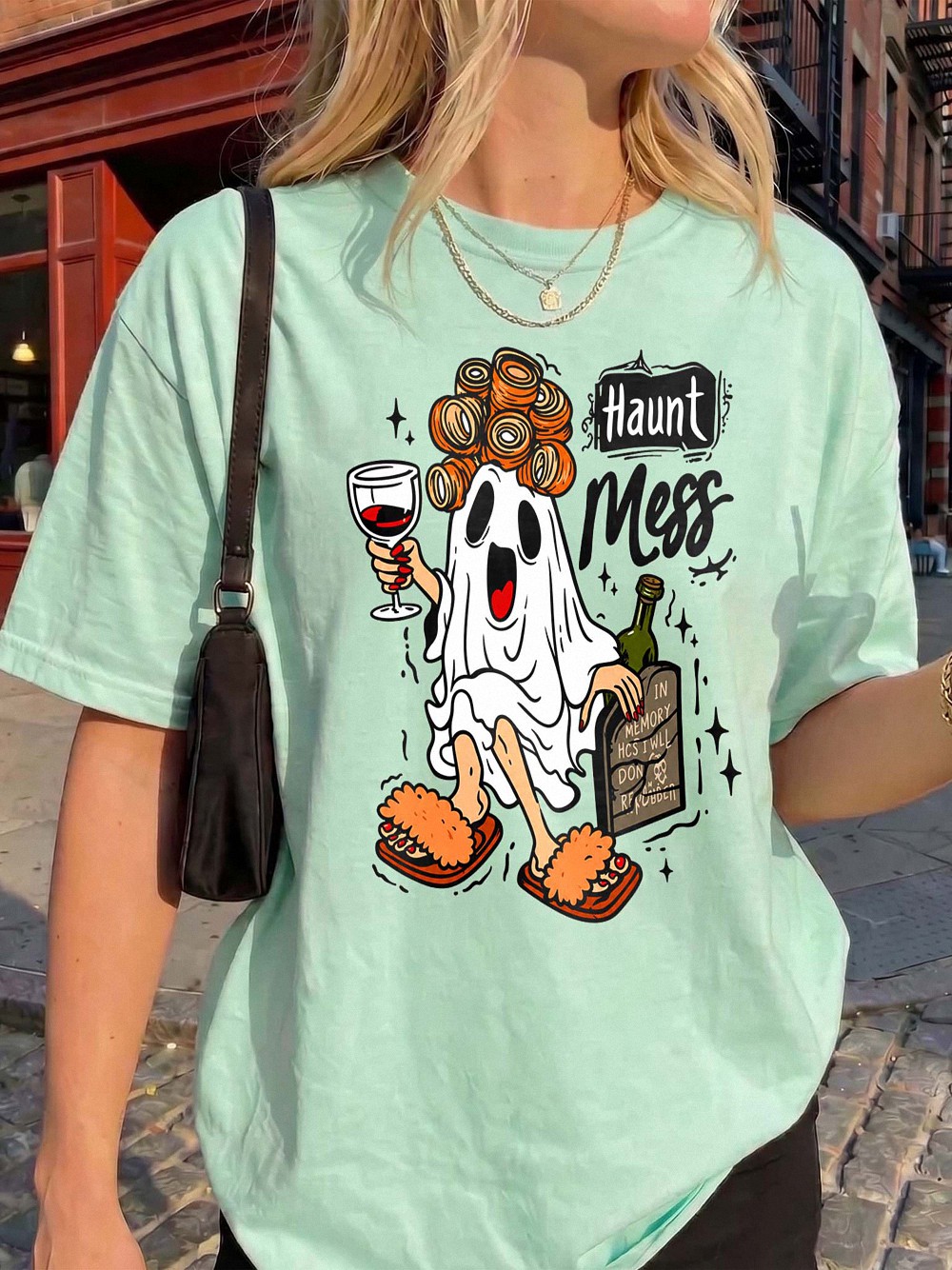 Haunt Mess Ghost Wine Halloween Shirt - Funny Spooky Mom Tee