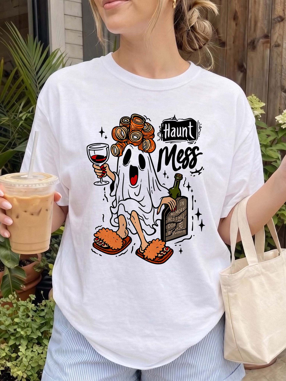 Haunt Mess Ghost Wine Halloween Shirt - Funny Spooky Mom Tee
