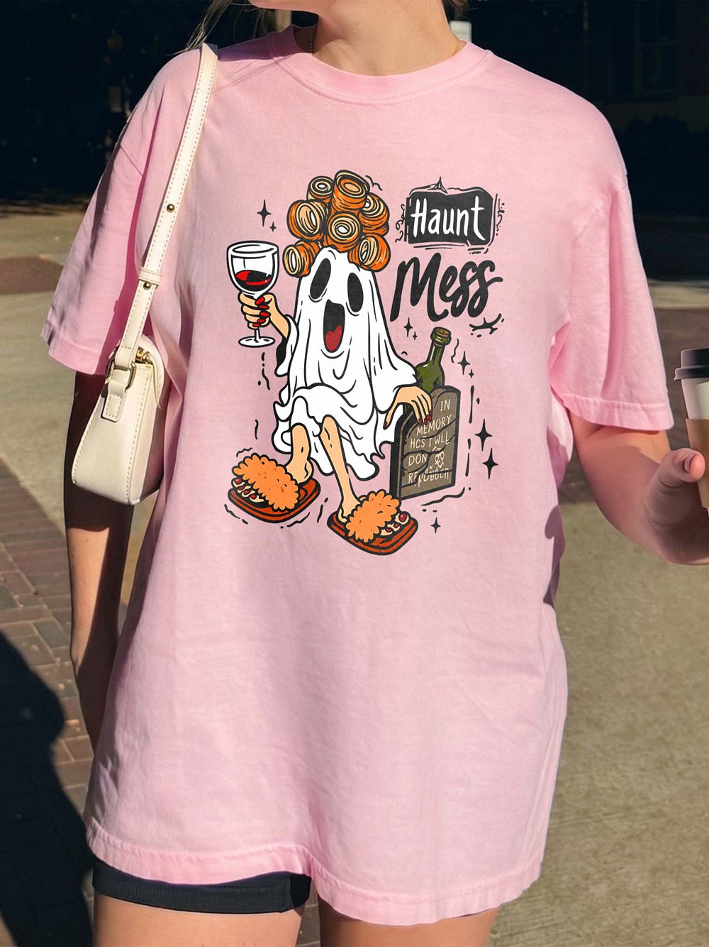 Haunt Mess Ghost Wine Halloween Shirt - Funny Spooky Mom Tee