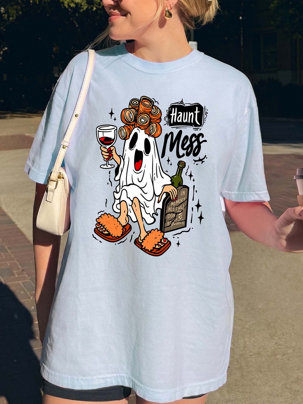Haunt Mess Ghost Wine Halloween Shirt - Funny Spooky Mom Tee