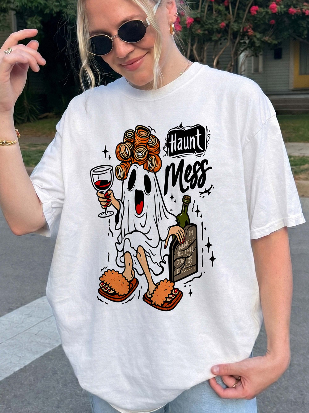 Haunt Mess Ghost Wine Halloween Shirt - Funny Spooky Mom Tee