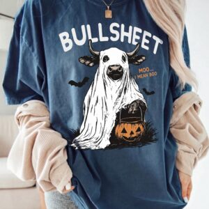 Odtfuiyy Bullsheet Moo I Mean Boo Ghost Cow Halloween Graphic Tee