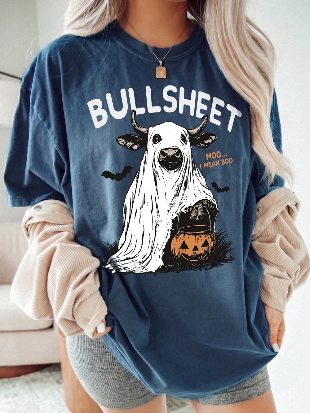 Odtfuiyy Bullsheet Moo I Mean Boo Ghost Cow Halloween Graphic Tee