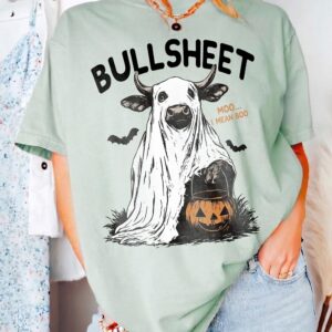 Odtfuiyy Bullsheet Moo I Mean Boo Ghost Cow Halloween Graphic Tee