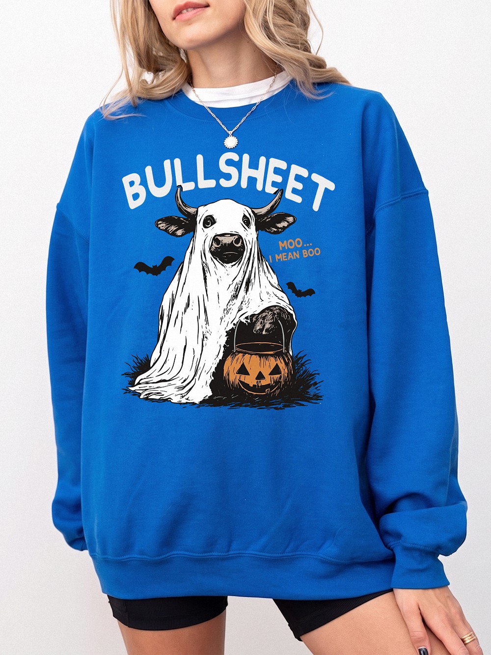 Odtfuiyy Bullsheet Moo I Mean Boo Ghost Cow Halloween Graphic Tee