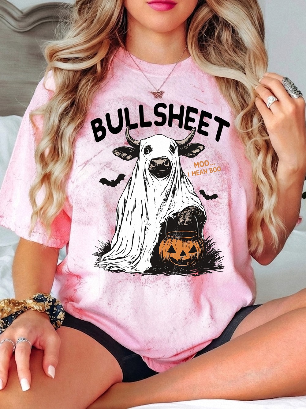Odtfuiyy Bullsheet Moo I Mean Boo Ghost Cow Halloween Graphic Tee
