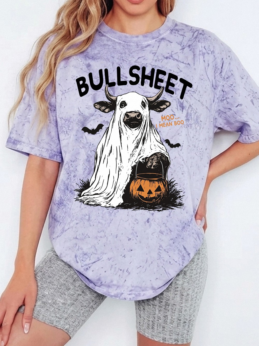 Odtfuiyy Bullsheet Moo I Mean Boo Ghost Cow Halloween Graphic Tee