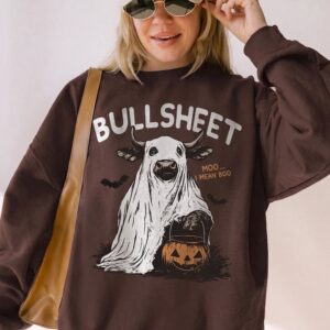 Odtfuiyy Bullsheet Moo I Mean Boo Ghost Cow Halloween Graphic Tee