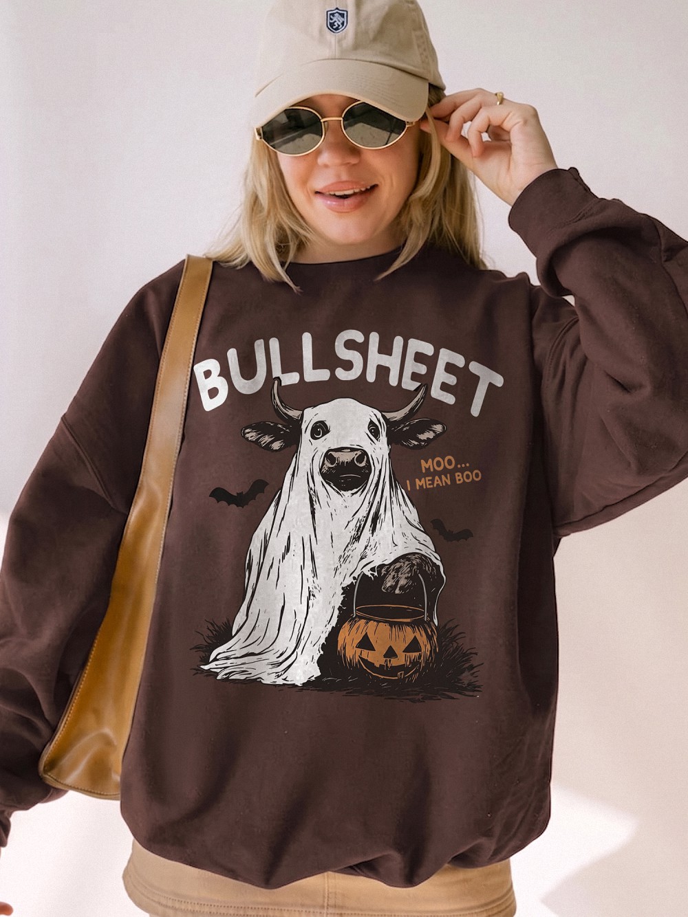 Odtfuiyy Bullsheet Moo I Mean Boo Ghost Cow Halloween Graphic Tee
