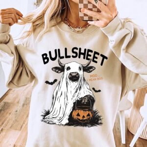 Odtfuiyy Bullsheet Moo I Mean Boo Ghost Cow Halloween Graphic Tee
