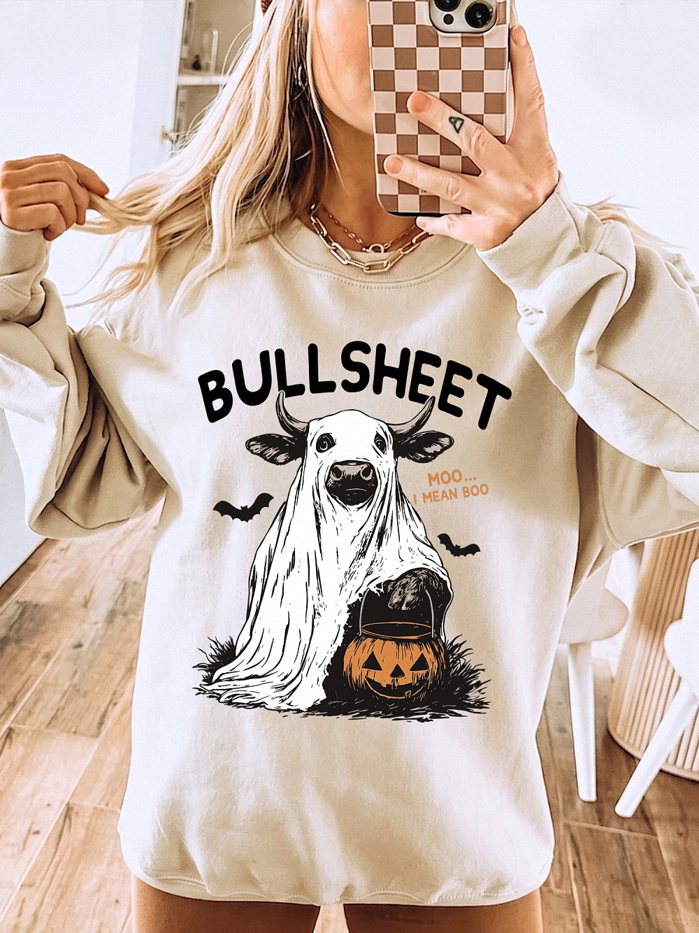 Odtfuiyy Bullsheet Moo I Mean Boo Ghost Cow Halloween Graphic Tee