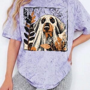 Hmtppght Ghost Hound Dog Vintage Fall Graphic Tee for Women