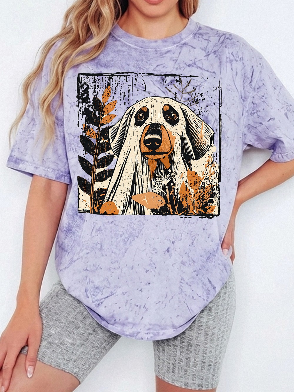 Hmtppght Ghost Hound Dog Vintage Fall Graphic Tee for Women