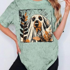 Hmtppght Ghost Hound Dog Vintage Fall Graphic Tee for Women