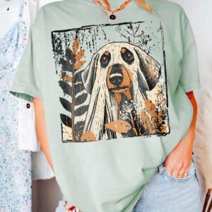 Hmtppght Ghost Hound Dog Vintage Fall Graphic Tee for Women