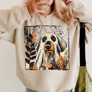 Hmtppght Ghost Hound Dog Vintage Fall Graphic Tee for Women
