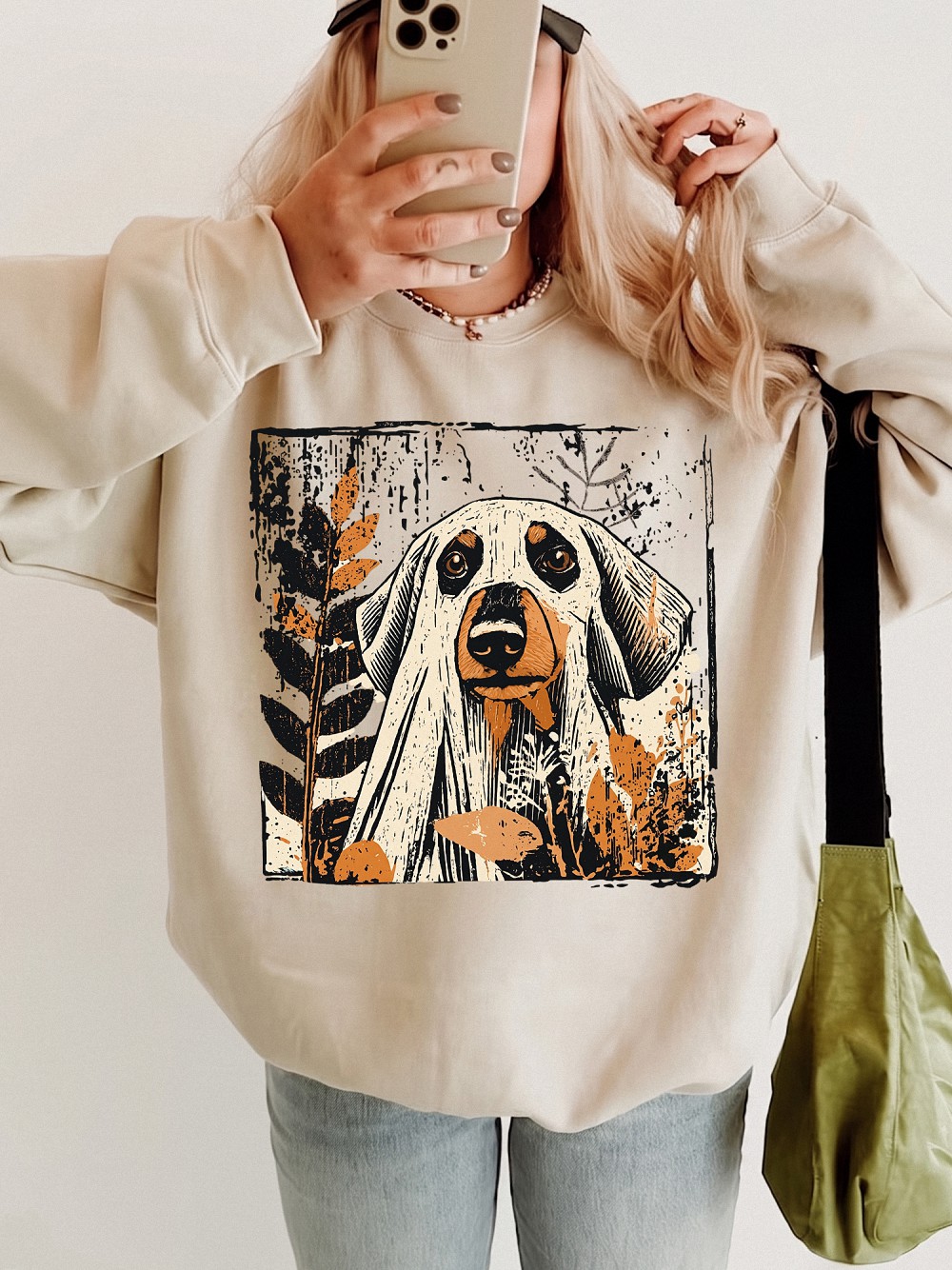 Hmtppght Ghost Hound Dog Vintage Fall Graphic Tee for Women