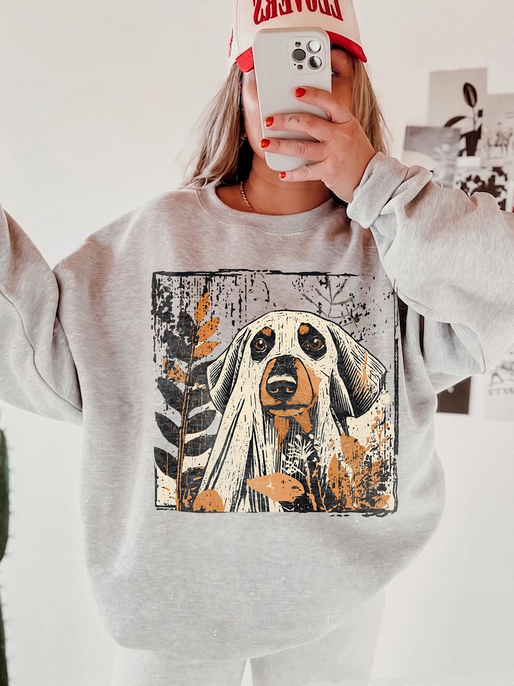 Hmtppght Ghost Hound Dog Vintage Fall Graphic Tee for Women