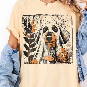 Hmtppght Ghost Hound Dog Vintage Fall Graphic Tee for Women