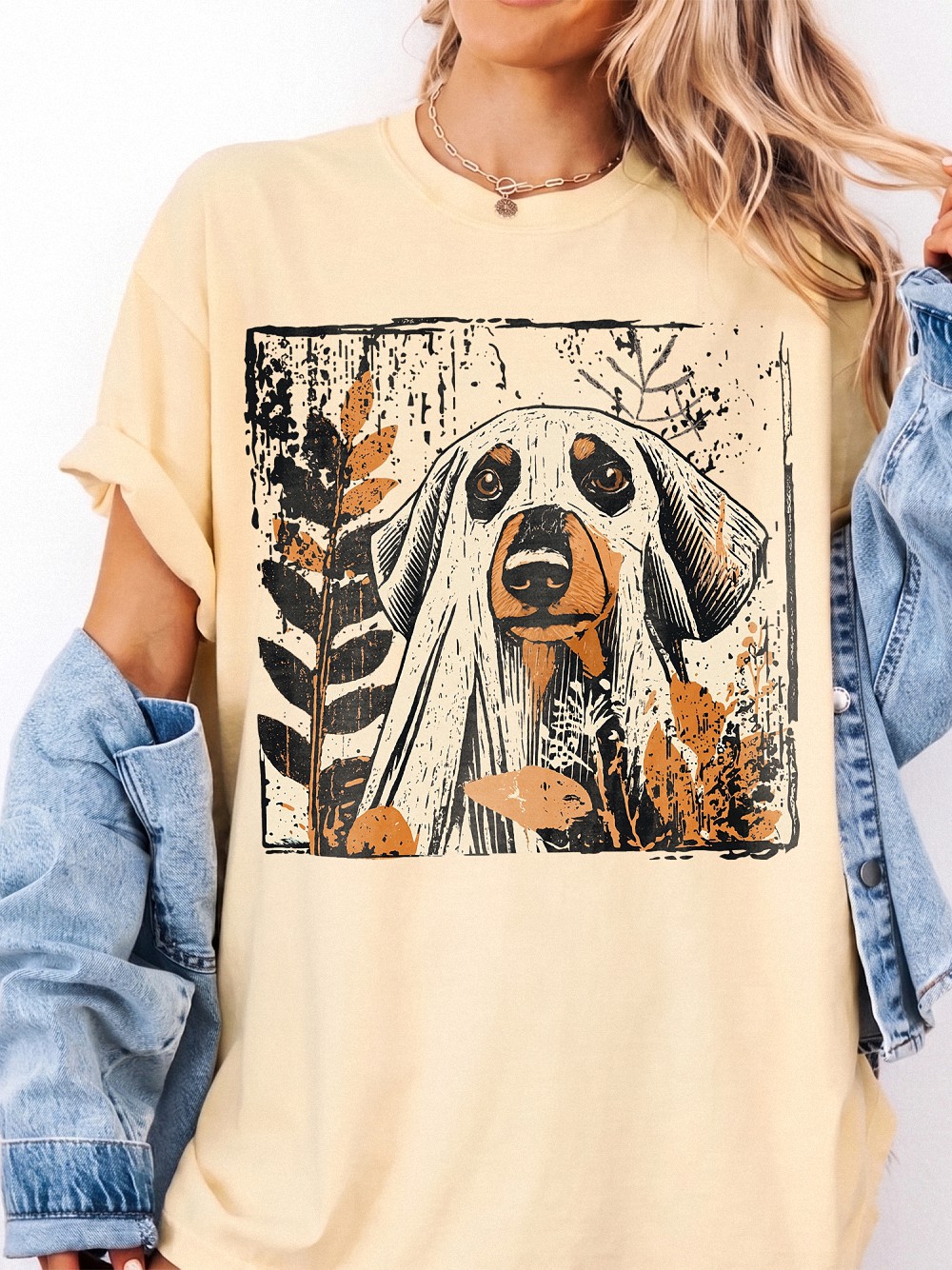 Hmtppght Ghost Hound Dog Vintage Fall Graphic Tee for Women
